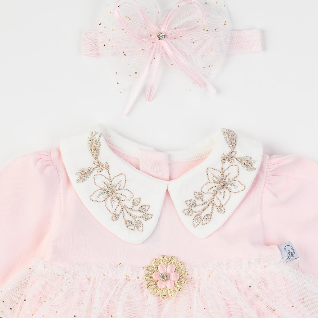 Бебешка рокля с дълъг ръкав тюл и лента за коса Mini Born Flower Baby Розова