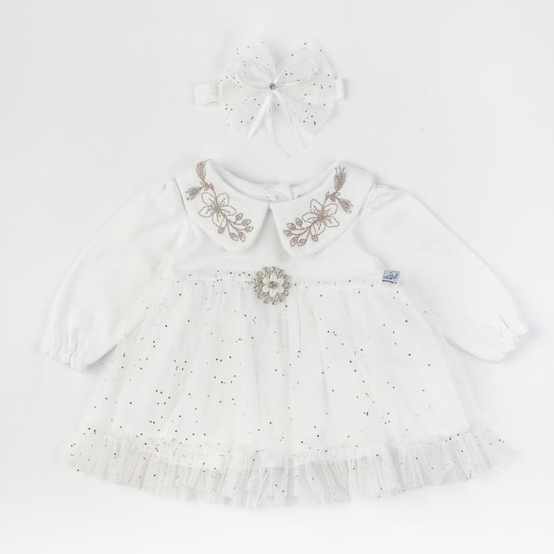Baby dress with long sleeves tulle and headband  Mini Born Flower Baby  White