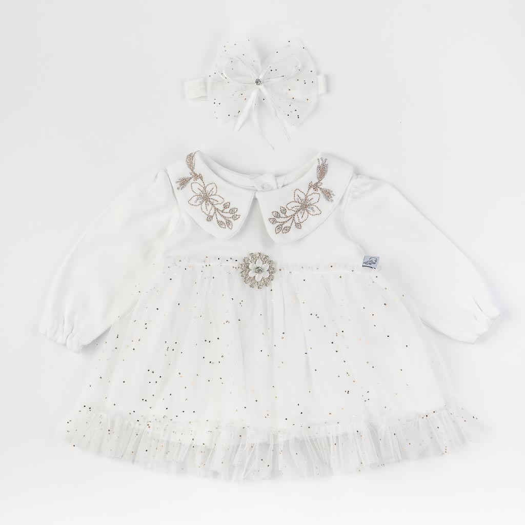 Бебешка рокля с дълъг ръкав тюл и лента за коса Mini Born Flower Baby Бяла