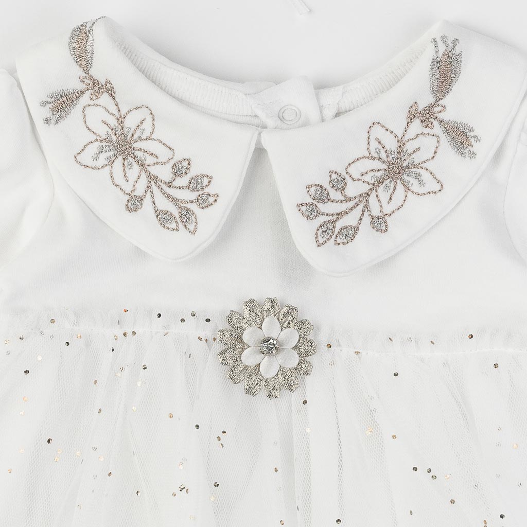 Бебешка рокля с дълъг ръкав тюл и лента за коса Mini Born Flower Baby Бяла