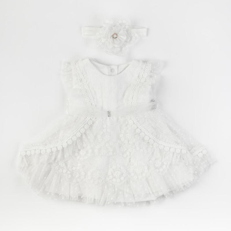 Бебешка официална рокля с дантела и лента  коса Mini Born Flower Baby Бяла