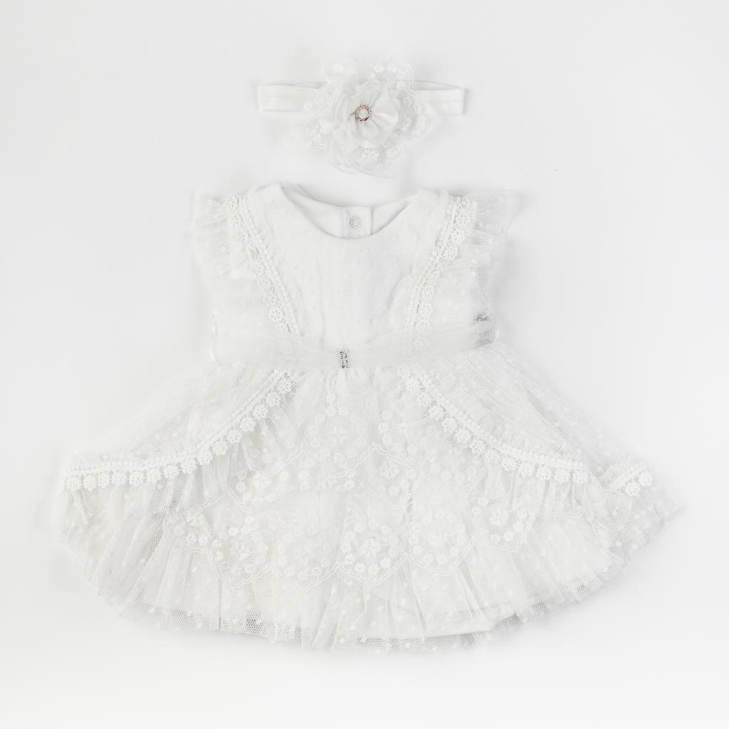 Бебешка официална рокля с дантела и лента за коса Mini Born Flower Baby Бяла
