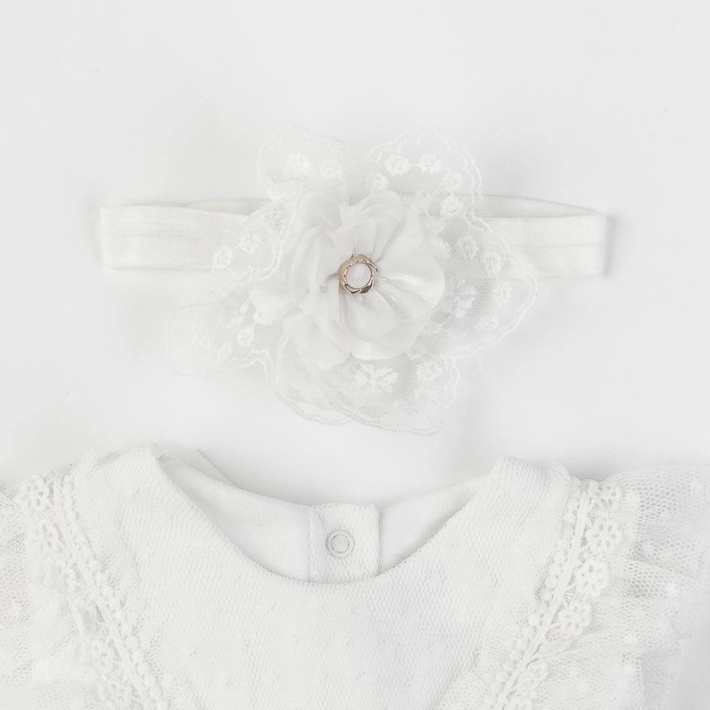 Βρεφικο επισημο φορεμα με δαντελα με κορδελα για μαλλια  Mini Born Flower Baby  ασπρα