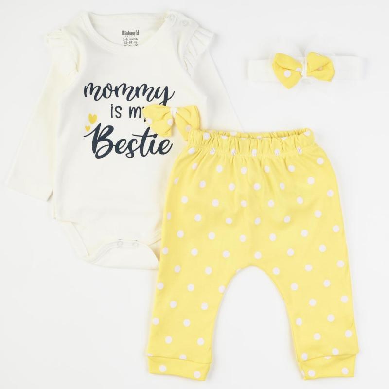 Baby set 3 parts For a girl  Miniworld Mommy is my bestie  with hair band Yellow