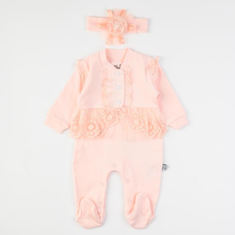Baby overalls with lace and headband  Mini Born  Peach