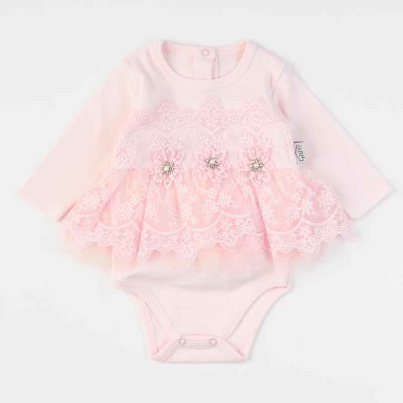 Baby bodysuit For a girl with long sleeves and lace  Taffy Crystal  Pink