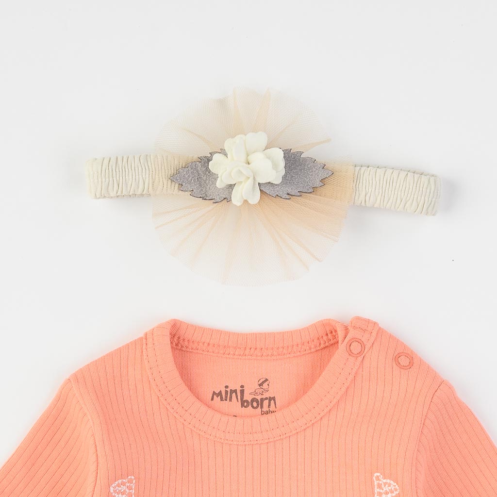Бебешко боди с дълъг ръкав и дантела за момиче Mini Born Peach Collection лента за коса Праскова
