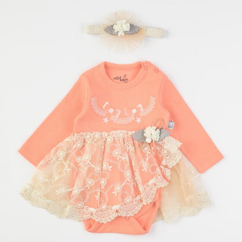 Baby bodysuit with long sleeves and lace For a girl  Mini Born   Peach Collection  headband Peach