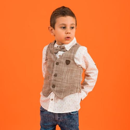 Детски комплект риза дънки папионка и елек за момче Loyax Бежов