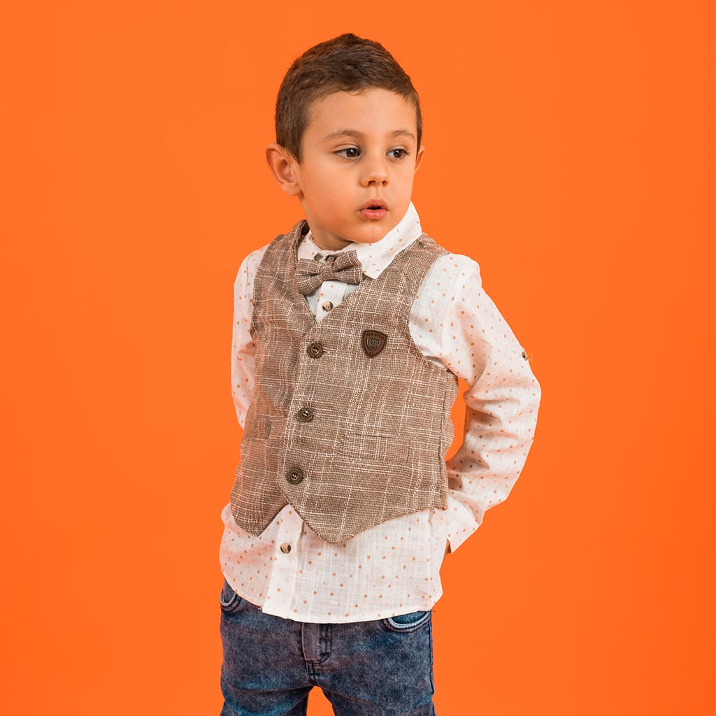 Childrens clothing set Shirt Jeans bowtie and Vest For a boy  Loyax  Beige