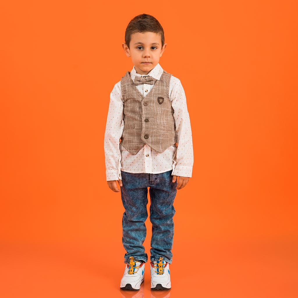 Childrens clothing set Shirt Jeans bowtie and Vest For a boy  Loyax  Beige