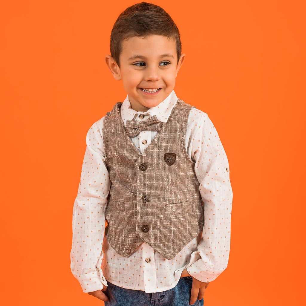Детски комплект риза дънки папионка и елек за момче Loyax Бежов