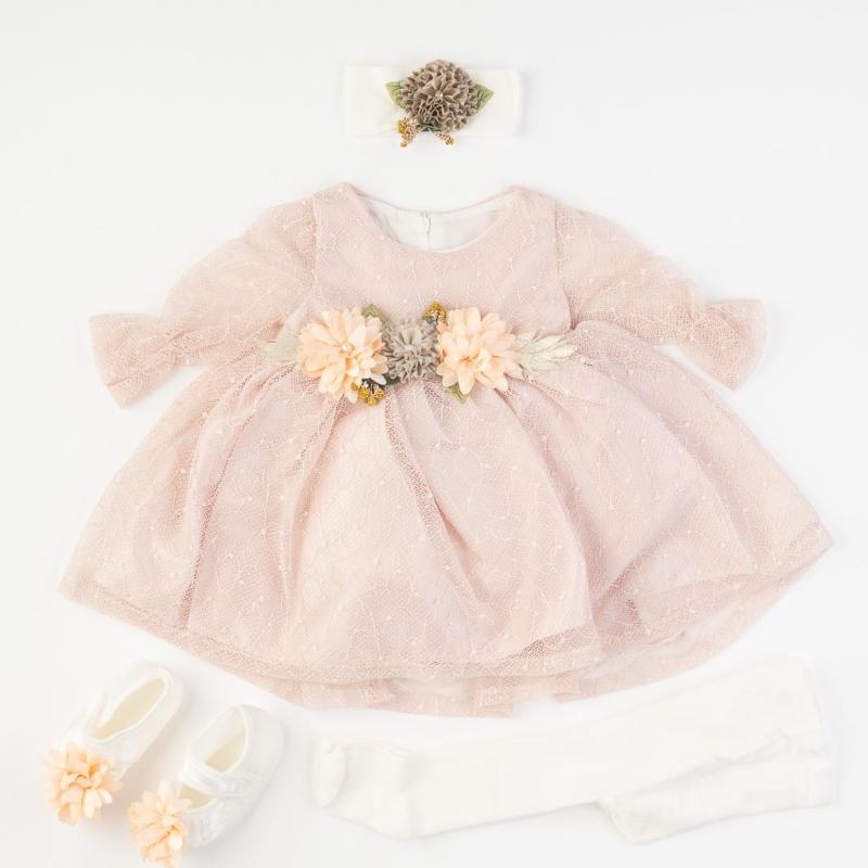 Бебешки комплект официална рокля с дантела с чорапогащник лента  коса и обувчици Amante Rose Flowers Розова
