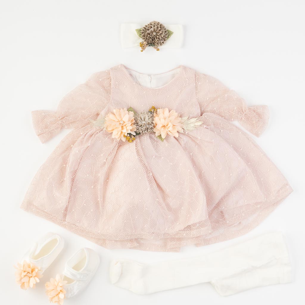 Бебешки комплект официална рокля с дантела с чорапогащник лента за коса и обувчици Amante Rose Flowers Розова