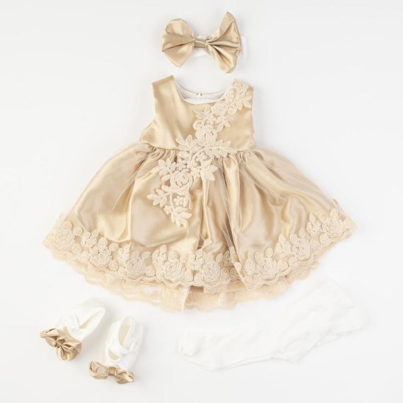 Бебешки комплект официална рокля с дантела с чорапогащник лента  коса и обувчици Amante Classic Златист