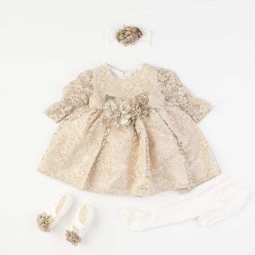 Бебешки комплект официална рокля с дантела с чорапогащник лента за коса и обувчици Amante Dress me Бежов