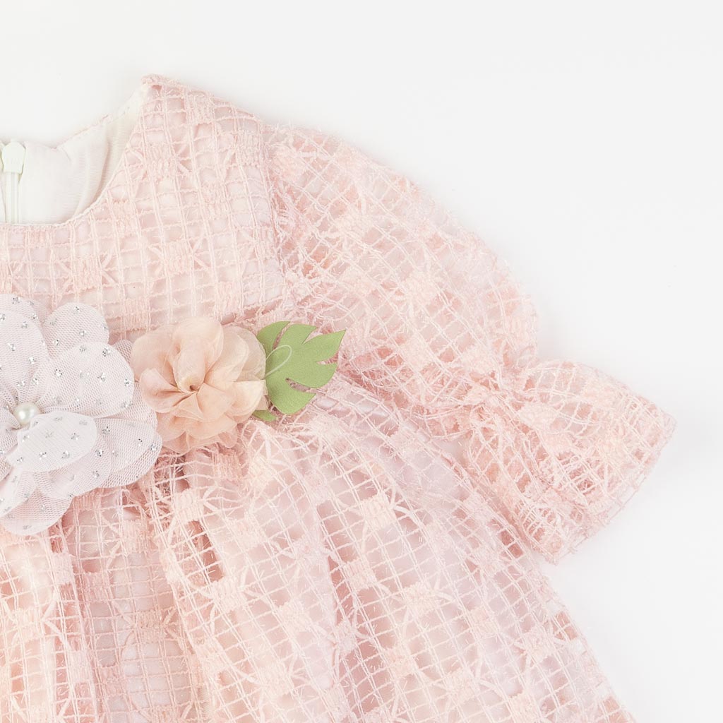Бебешки комплект официална рокля с дантела с чорапогащник лента за коса и обувчици Amante Pink World Розов