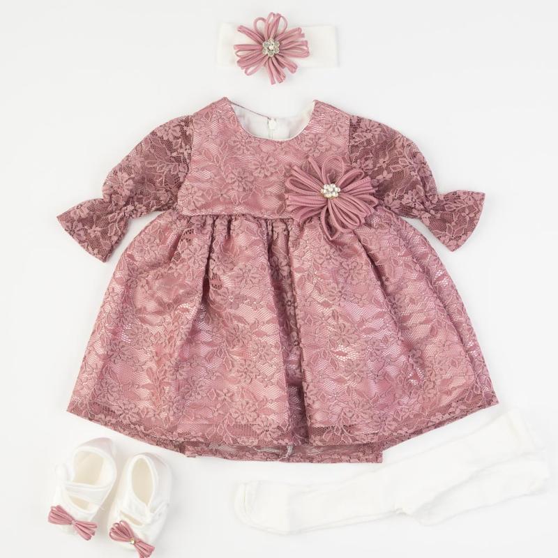 Бебешки комплект официална рокля с дантела с чорапогащник лента  коса и обувчици Amante Lilac World Лилав