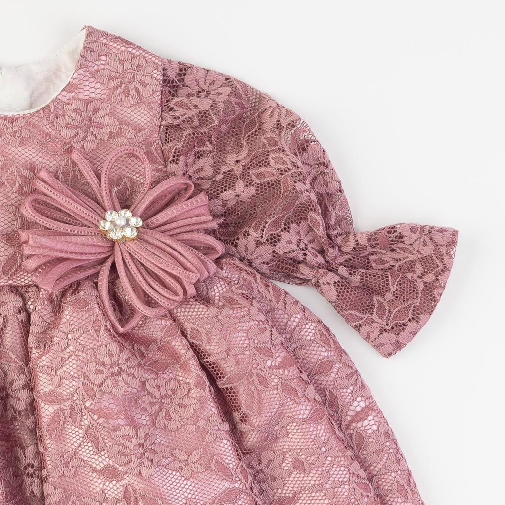 Бебешки комплект официална рокля с дантела с чорапогащник лента за коса и обувчици Amante Lilac World Лилав