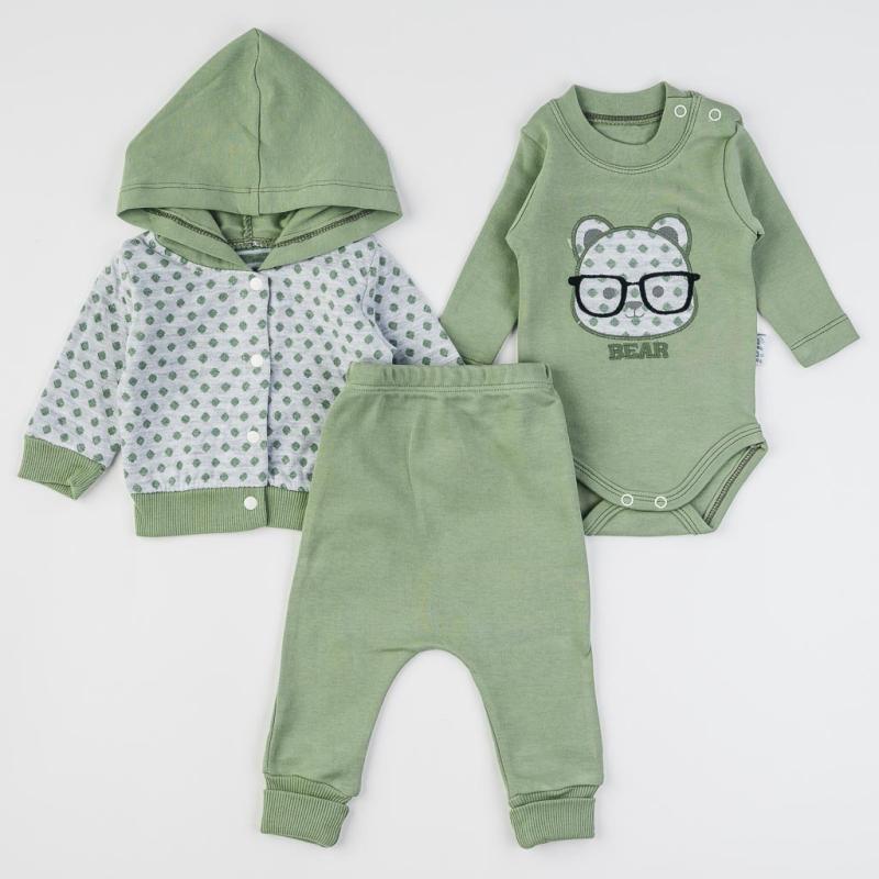 Бебешки комплект от 3 части  момче Bear with glasses Зелен