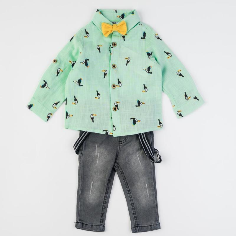 Детски комплект  момче ри дънки и папионка Bontino Birds Зелен