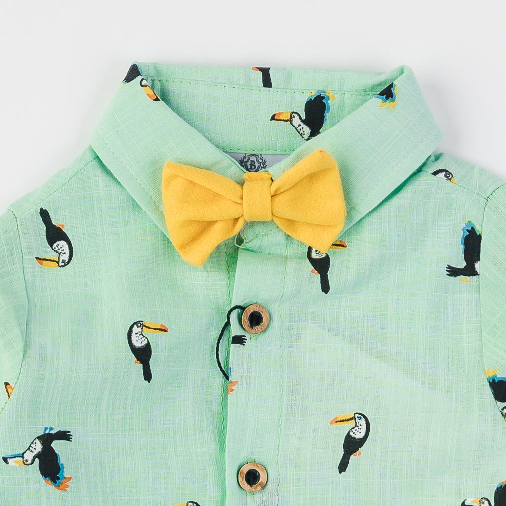 Детски комплект за момче риза дънки и папионка Bontino Birds Зелен