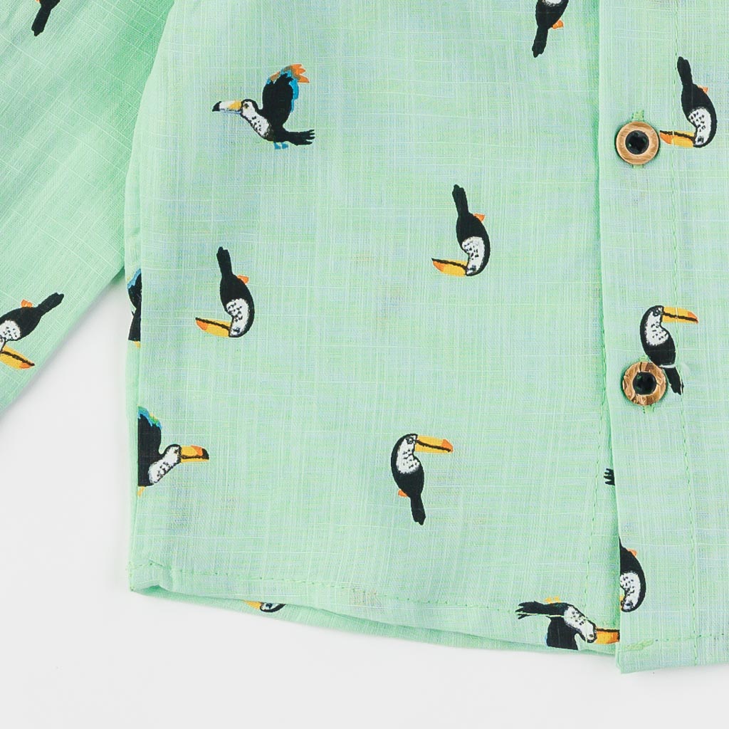Детски комплект за момче риза дънки и папионка Bontino Birds Зелен