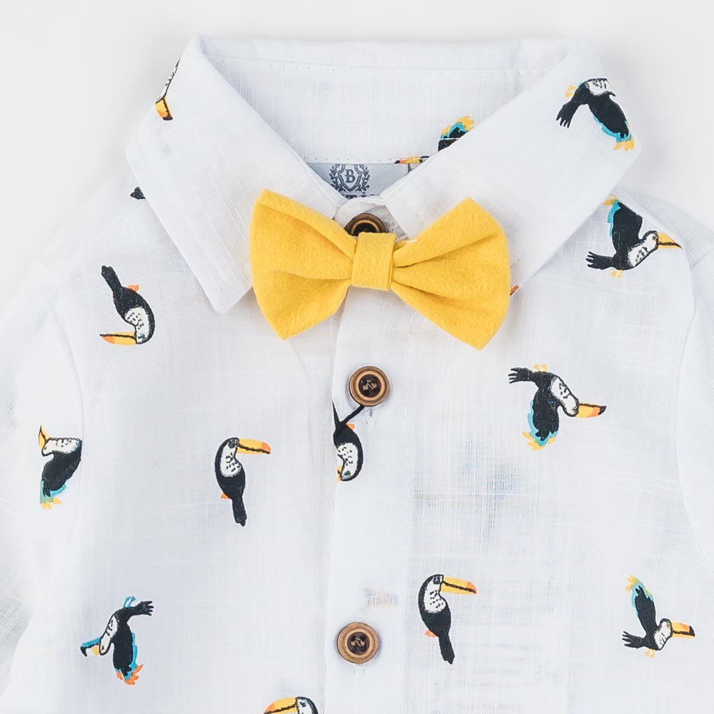 Детски комплект за момче риза дънки и папионка Bontino Birds Бял