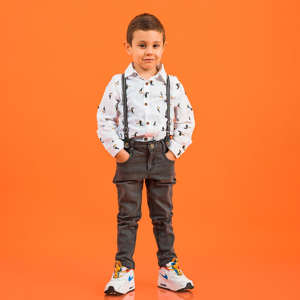 Детски комплект за момче риза дънки и папионка Bontino Birds Бял