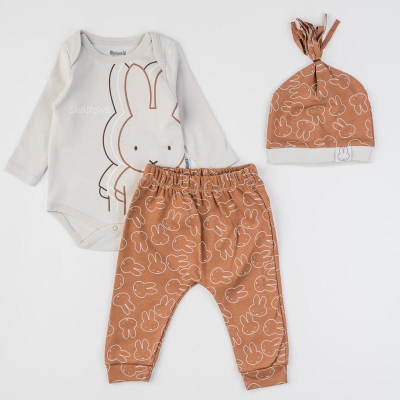 Бебешки комплект  момче боди панталонки и шапка Miniworld Bunny Кафяв