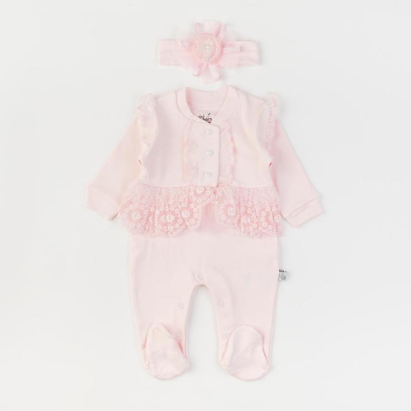 Kojenecká kombinéza s dlouhými rukávy Pro dívky  Mini Born Princess Baby  s čelenkou na vlasy Růžový