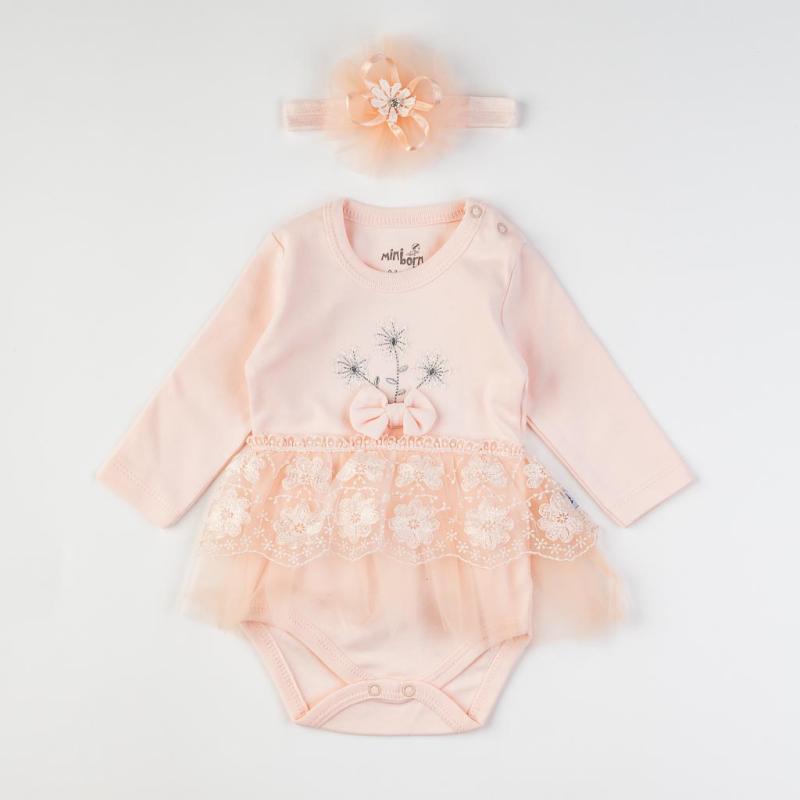 Baby bodysuit with lace and headband  Mini Born   My Flower Baby  Peach
