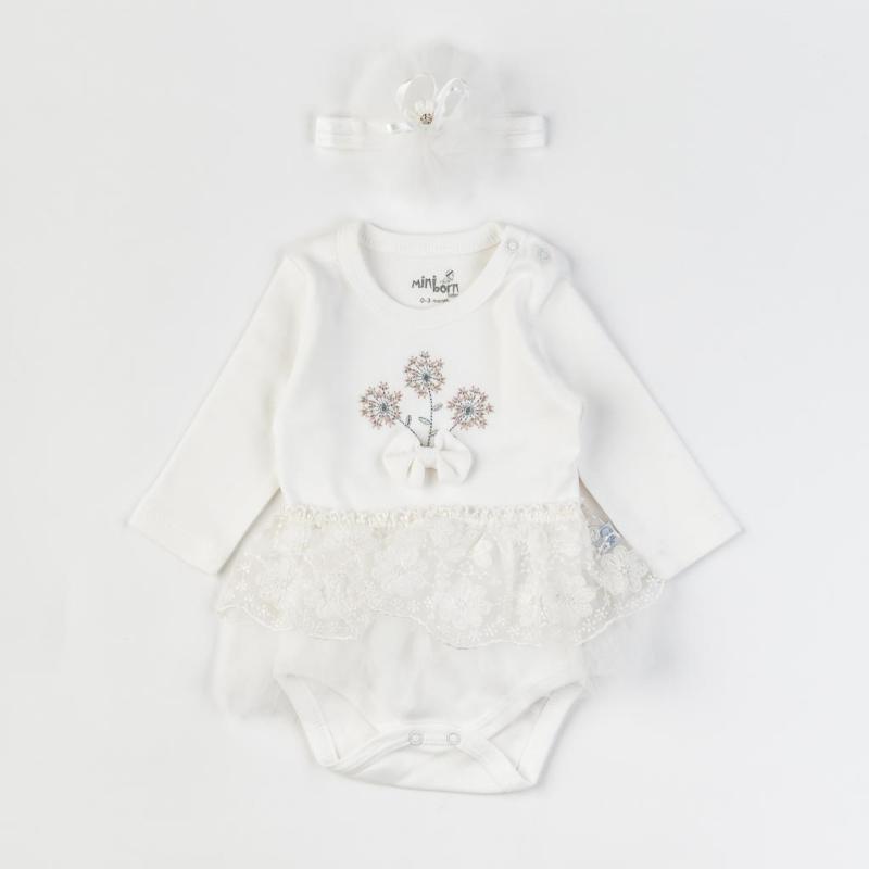 Βρεφικο κορμακι με δαντελα με κορδελα για μαλλια  Mini Born   My Flower Baby  Ασπρο