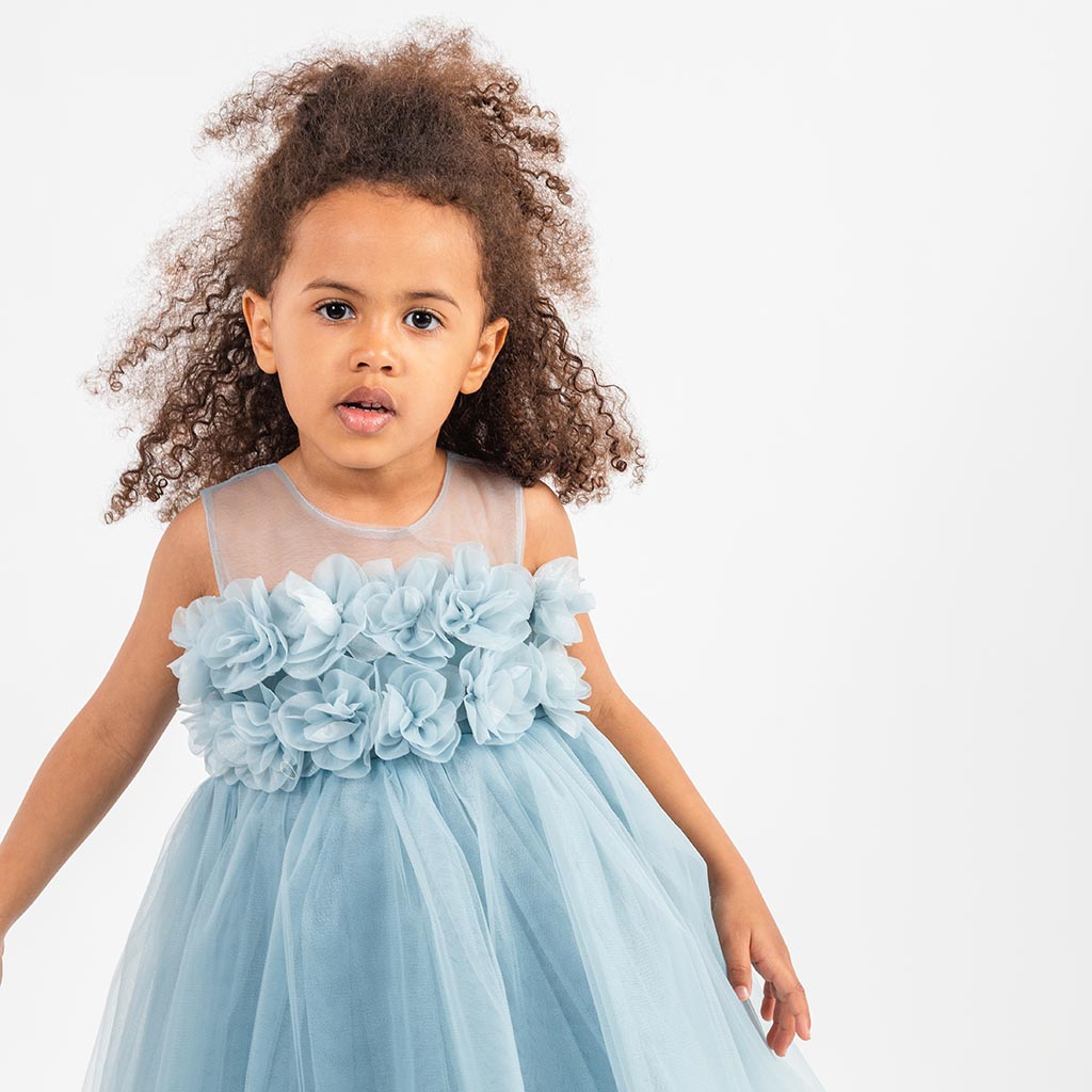 Детска официална рокля с тюл Ayisig Flowers Синя