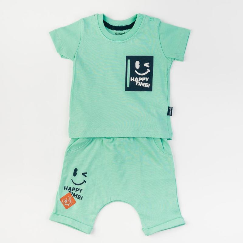 Βρεφικά σετ ρούχων Για Αγόρι κοντο μανικι και κοντο παντελονι  Miniworld Happy Time  Μεντα