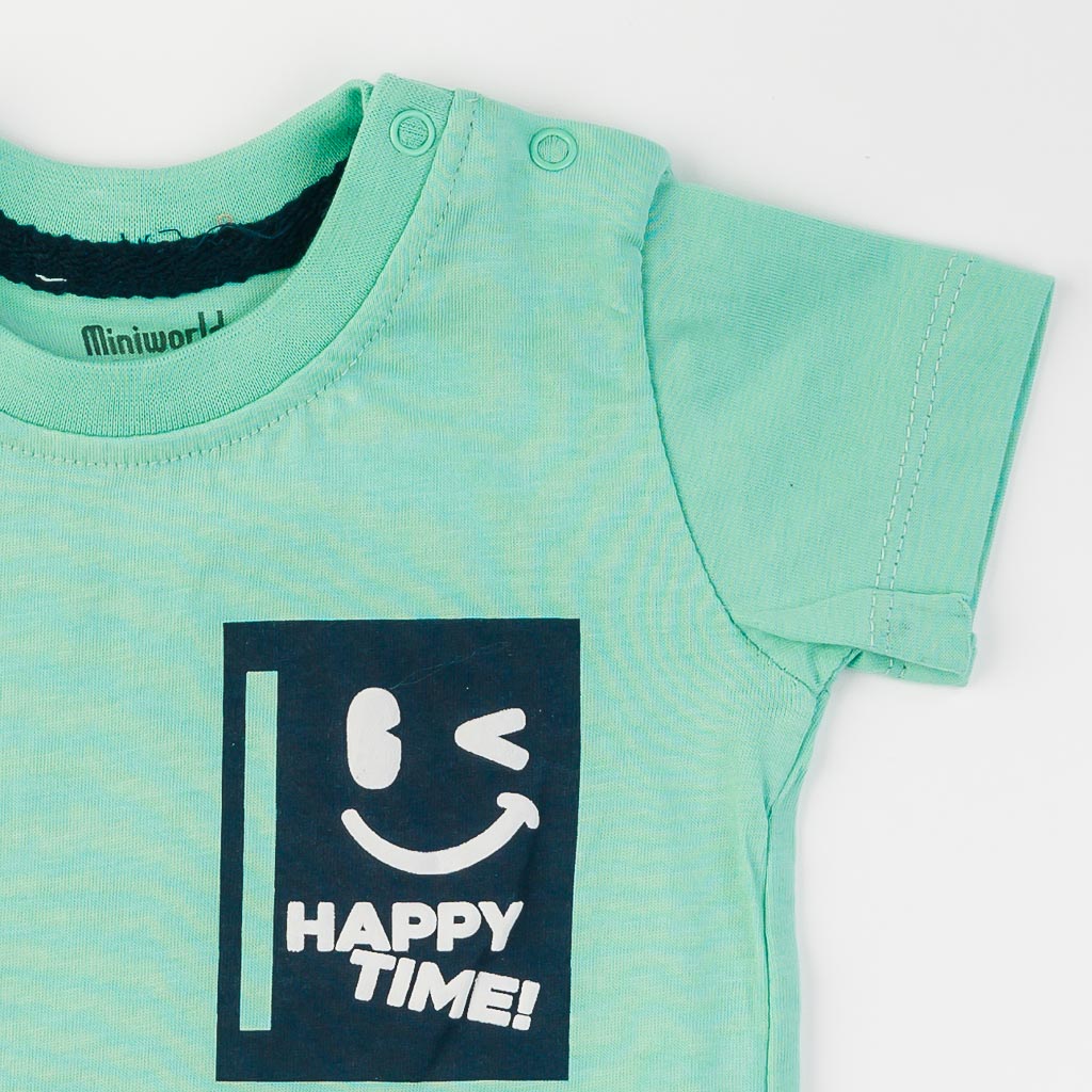 Бебешки комплект за момче тениска и къси панталонки Miniworld Happy Time Мента