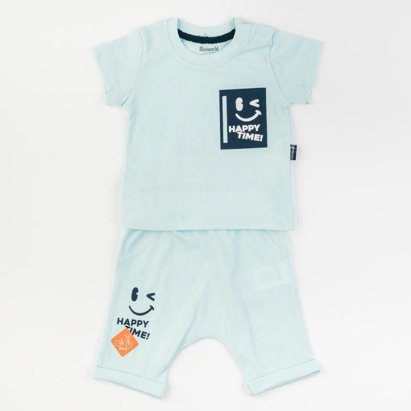 Бебешки комплект  момче тениска и къси панталонки Miniworld Happy Time Син