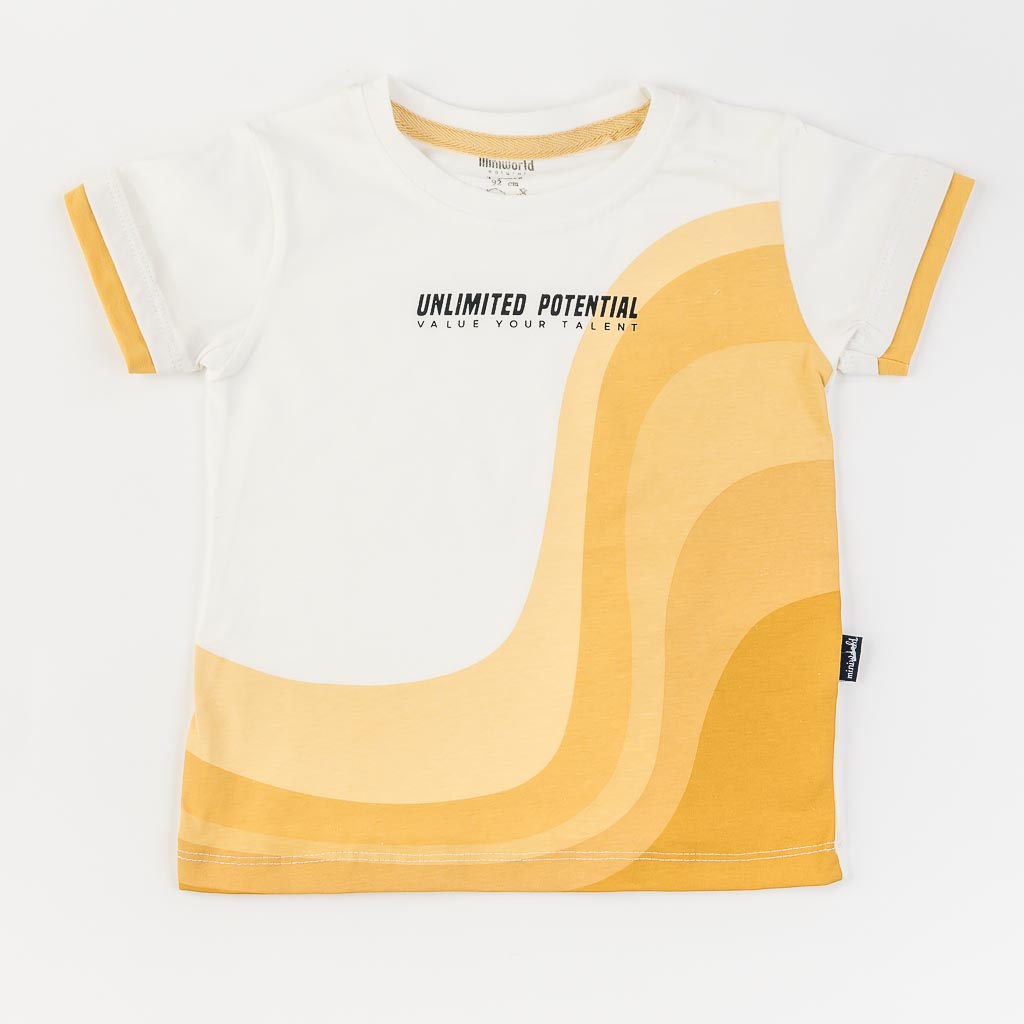 Детски комплект за момче тениска и къси панталонки Miniworld Unlimited Potential Жълт