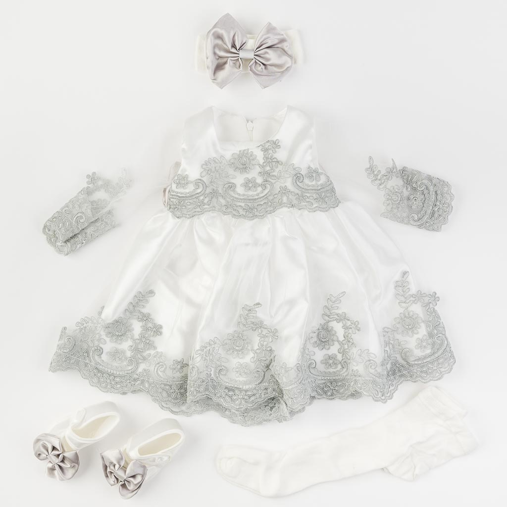 Бебешки комплект официална рокля с дантела с чорапогащник лента за коса и обувчици Amante Silver Princess
