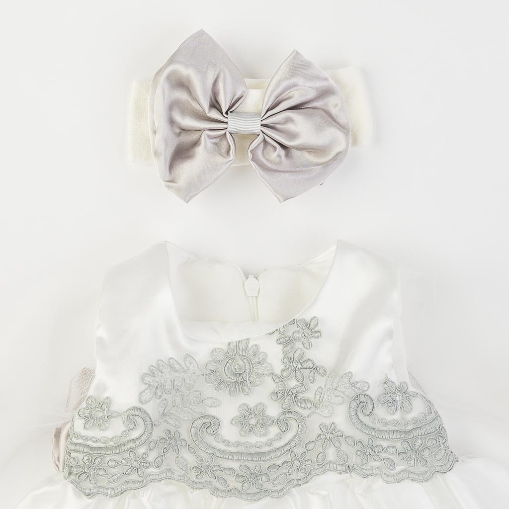 Βρεφικά σετ ρούχων επισημο φορεμα με δαντελα και καλσον κορδελα για μαλλια με βρεφικα παπουτσακια  Amante   Silver Princess