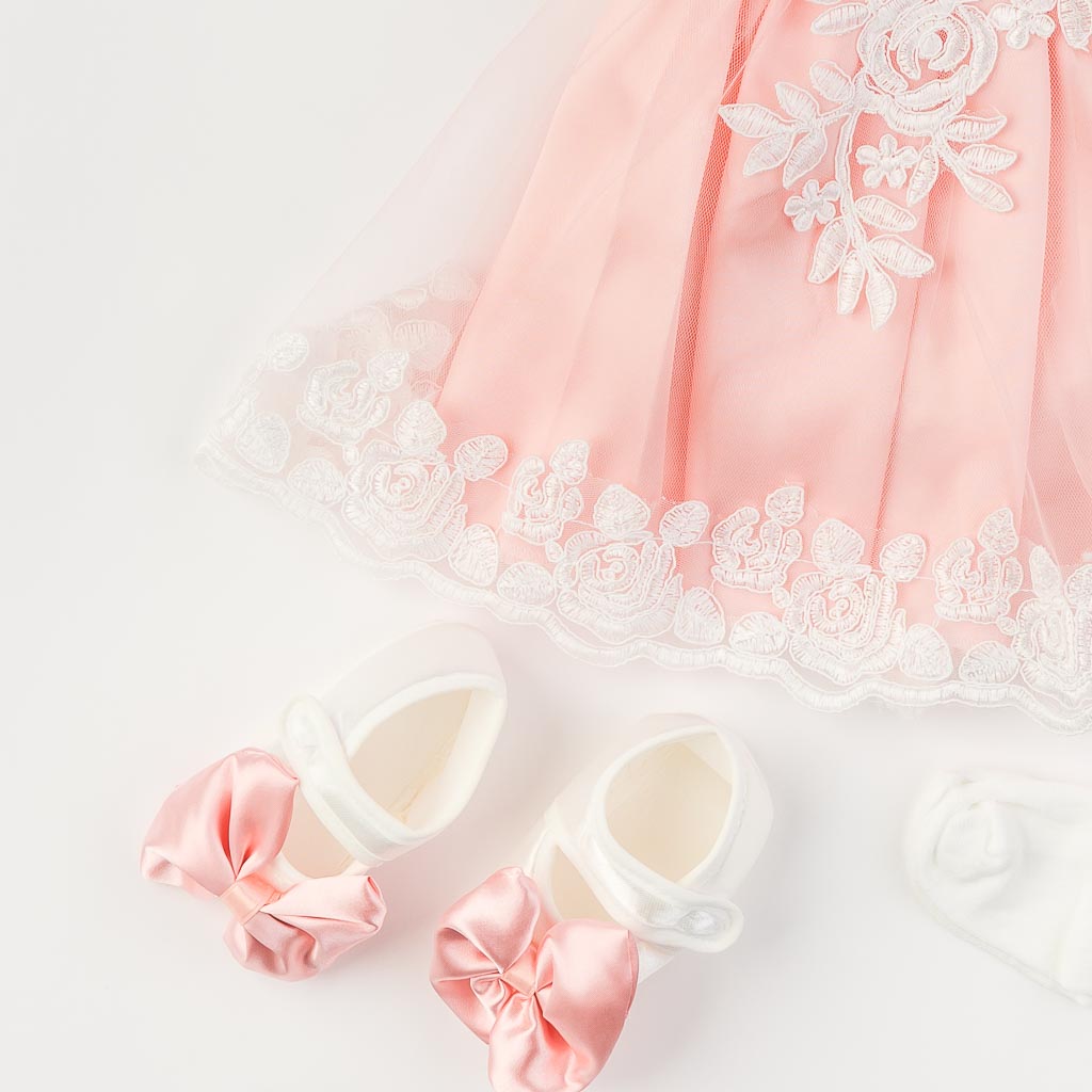 Бебешки комплект официална рокля с дантела с чорапогащник лента за коса и обувчици Amante Peach Lady