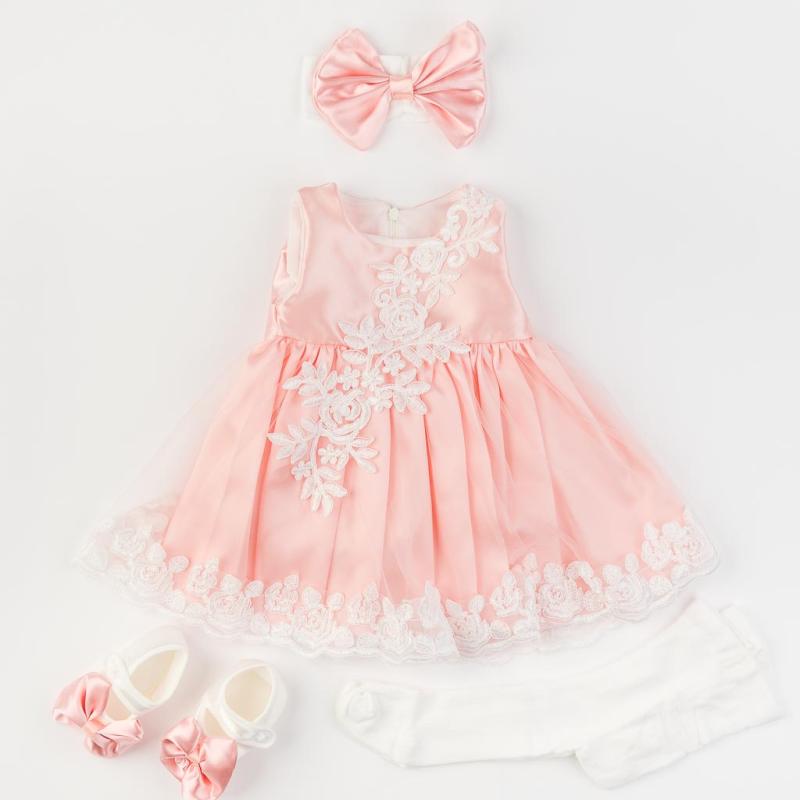 Бебешки комплект официална рокля с дантела с чорапогащник лента  коса и обувчици Amante Peach Lady
