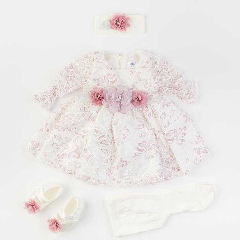 Бебешки комплект официална рокля с дантела с чорапогащник лента  коса и обувчици Amante Pink Flower Baby