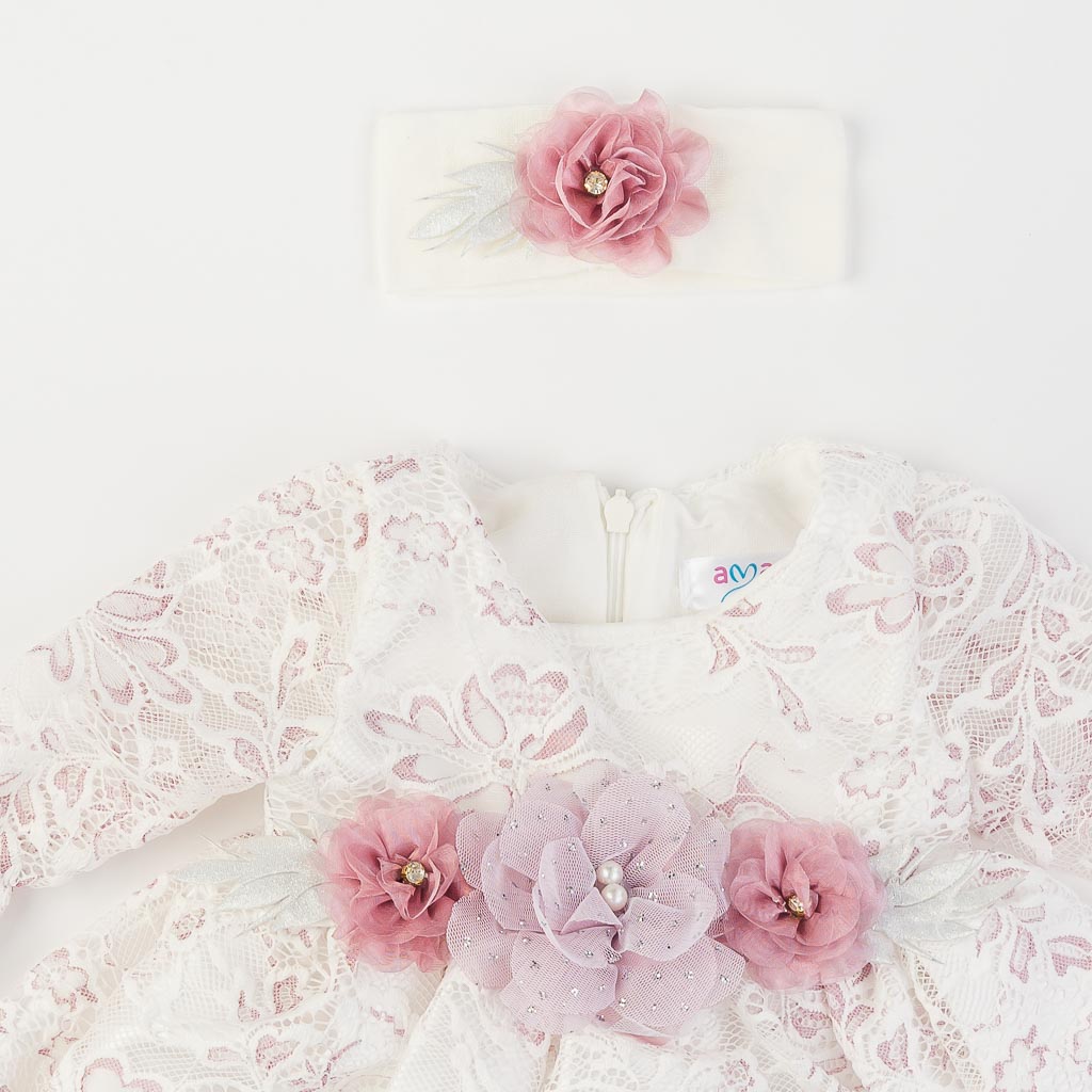 Бебешки комплект официална рокля с дантела с чорапогащник лента за коса и обувчици Amante Pink Flower Baby