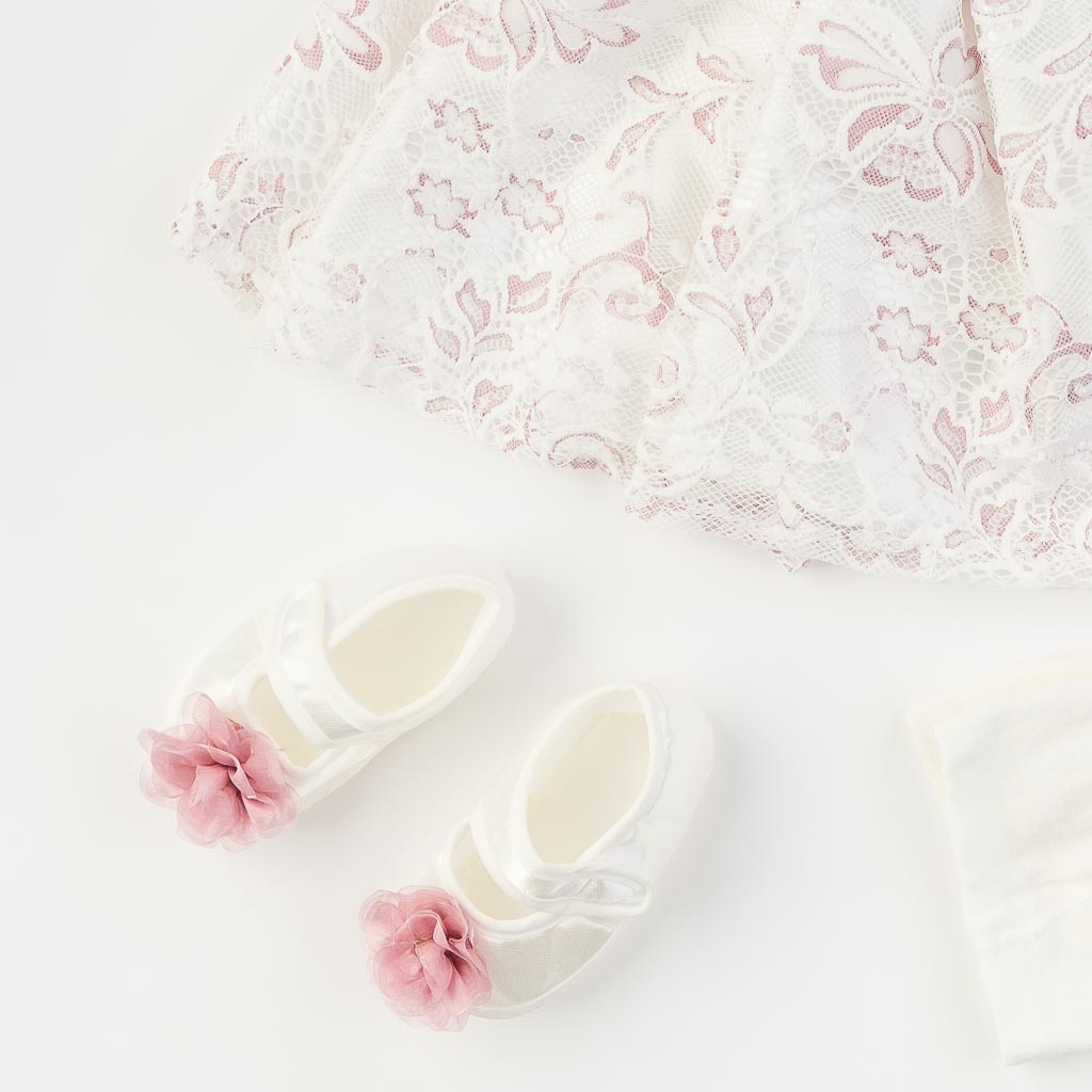 Бебешки комплект официална рокля с дантела с чорапогащник лента за коса и обувчици Amante Pink Flower Baby