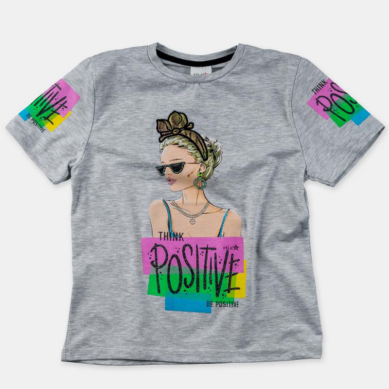 Dětské tričko Pro dívky s potiskem  Be positive   -  Šedá