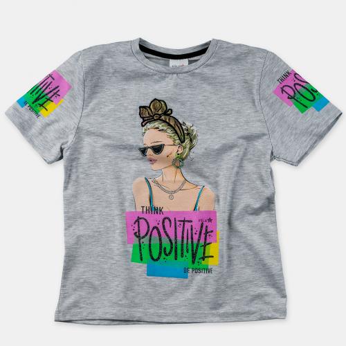 Детска тениска за момиче с щампа Be positive - Сива