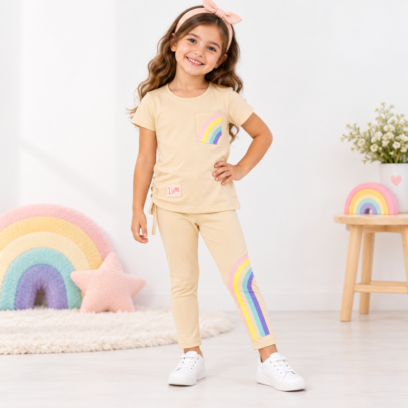 Детски комплект  момиче тениска и клин 7/8 Rainbow Бежов