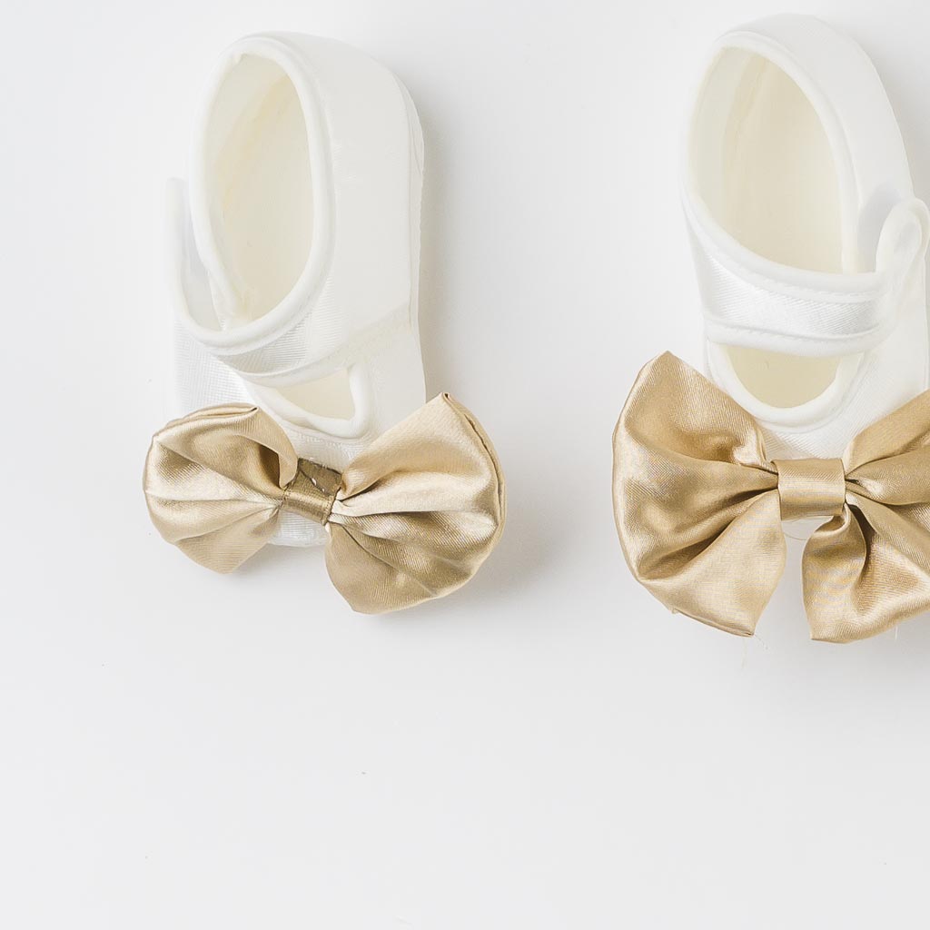 Бебешки комплект за момиче чорапогащник лента за коса и декоративни обувки Бял/Златист