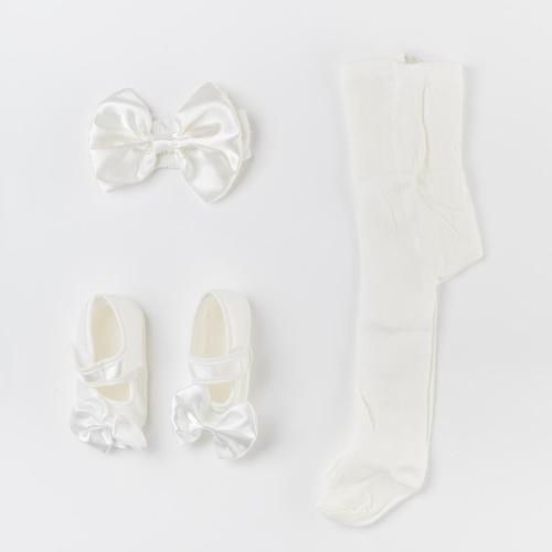 Бебешки комплект за момиче чорапогащник лента за коса и декоративни обувки Бял